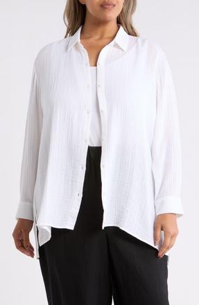 Eileen Fisher Classic Collar Easy Organic Cotton Button-Up Shirt in White at Nordstrom, Size 3X