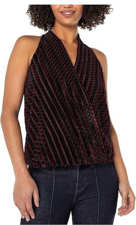 Liverpool L.A. Sleeveless Crossover Knit Top W/ Velvet Stripes Womens Clothing Black Burgundy Stripe : LG, Polyester/Spandex