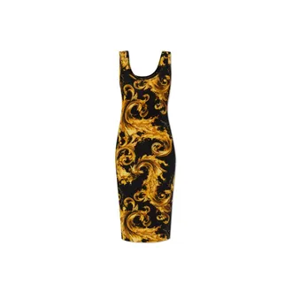Versace Jeans Couture Midi Dresses, female, Black, Size: 2XS Printed Cotton Midi Dress