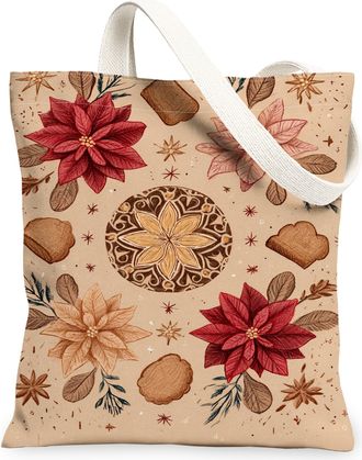 Generic Christmas Floral Canvas Tote Bags, Elegant Flower Pattern Reusable Bags, Winter Vintage Lightweight Washable Canvas for Tra, Beige, 13x15 Inch