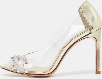 Stuart Weitzman Gold Leather And Pvc Crystal Embellished Open Toe Pumps