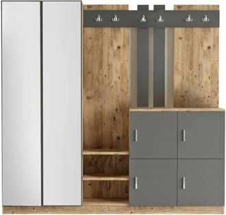 Dmora Mobile da ingresso Media, Entratina appendiabiti, Composizione per atrio, Consolle portaoggetti multifunzione, 187x38h180 cm, Quercia e Bianco, con