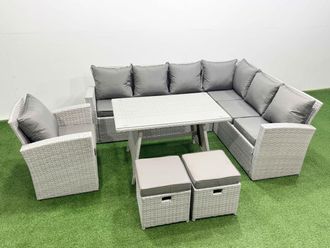 Fimous 9 Seater Garden Outdoor Rattan Furniture Set Dining Table & Armchair in Light Grey