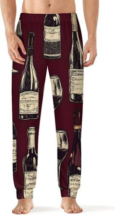 Generic Red Wine Glass And Bottles Mens Pajama Pants Lounge Pant Sleepwear PJ Bottoms Soft L