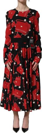 Dolce & Gabbana Womens Black Handbag Print Long Sleeve Midi Dress Silk Elastane