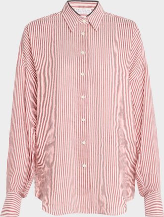 Brunello Cucinelli Stripe Button Down Linen Shirt with Piping Collar