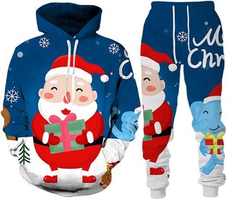 Generic Mens Tracksuit Sets Christmas Santa Claus Print Jogger Set Pockets Hoodie And Elasticated Waist Trouser Long Sleeve Hoodies And Cuffed Legs Pant 2 Pie