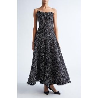 Lela Rose Strapless Floral Lace Gown in Black/Ivory at Nordstrom, Size 4