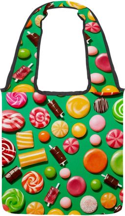 Generic Green Candy Pattern Reversible Canvas Shoulder Tote - Double-Sided Print, 12oz Cotton, 27cm Drop, Fold-Flat Bag for Travel, Shopping, Street Outings