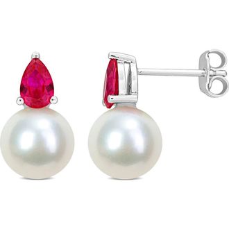 Delmar Lab Created Ruby & Freshwater Pearl Stud Earrings in Red at Nordstrom Rack