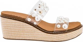 Corkys Footwear Womens Look Whos Here Wedge Sandal In Clear With Pearls