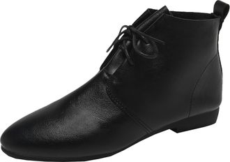 Generic Winter Ladies Retro Western Ankle Boots Flat Pointed Toe Lace Up Short Boots Solid Design Durable Comfortable Footwear for Women (Black, 4. 5)