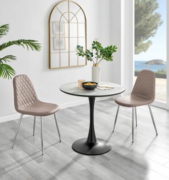 Furniturebox Elina White Marble Effect Scratch Resistant Dining Table & 2 Corona Silver Chairs in Beige