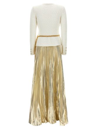 Self Portrait Pleated Metallic Skirt Dress - Cream
