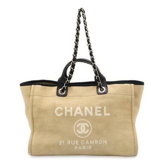 Chanel Beige Black Canvas Shoulder Bag Tote Bag (Pre-Owned)