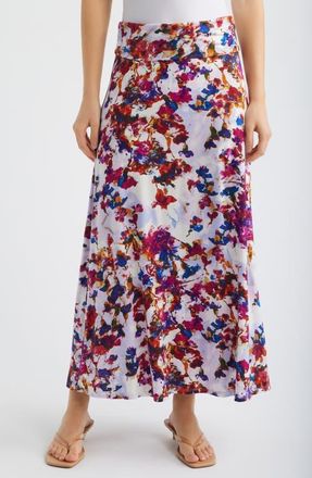 Loveappella Roll Top Floral Print Maxi Skirt in Fuchsia/Violet at Nordstrom, Size X-Small