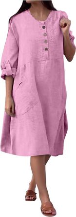 Generic Summer Dresses for Women Soft Cotton Linen Long Sleeve Quarter Button Down Crewneck Maxi Dresses Soft Sundresses Pink Medium Plus Size 18