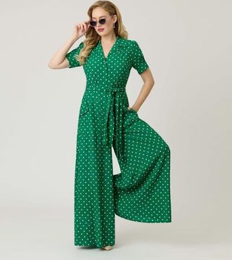 Unique Vintage 1940s Flare Leg Jumpsuit in Green & White Dot at Nordstrom, Size X-Small