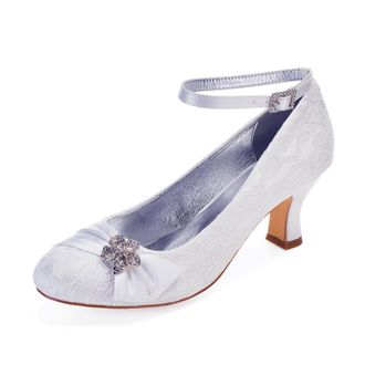 Generic Wedding Shoes Womens Lace Chunky Heel Pumps Round Toe Bridal Low Heels Prom Party Dress High Heels 6.5Cm,White,9 UK