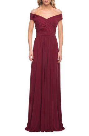 La Femme Off the Shoulder Net Jersey Long Dress with Ruching in Wine at Nordstrom, Size 12