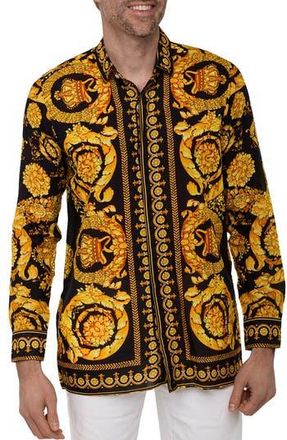 Ranee&rsquo;s Extra Trim Fit Print Linen & Cotton Button-Up Resort Shirt in Black at Nordstrom Rack, Size Xx-Large