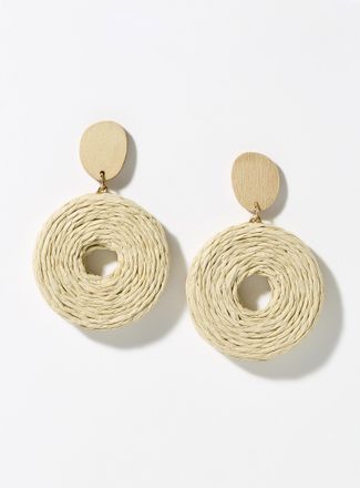 Simons Womens Round wood and raffia earrings