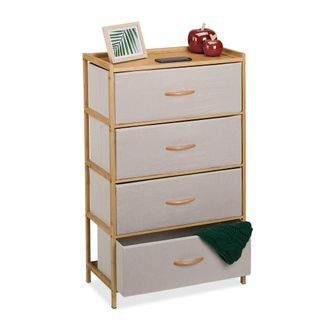 Relaxdays C&oacute;moda De Bamb&uacute;, 4 Cajones De Tela, Cajonera Sal&oacute;n, Aparador Dormitorio, 94 X 58 X 32,5 Cm, Natural Y Beige - Relaxdays