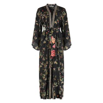 Anjuna Kleedjes, Dames, Veelkleurig, S, Polyester, Maxi cardigan van bedrukte zijde