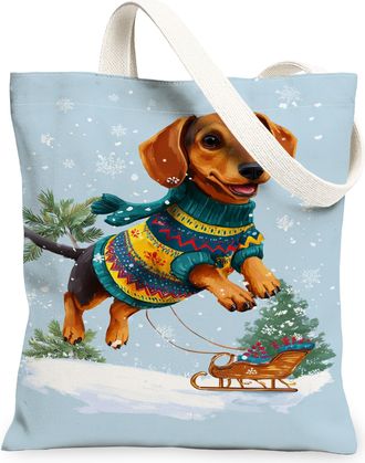 Generic Winter Dog Canvas Tote Bags, Cute Animal Reusable Grocery Bags, Vintage Cozy Lightweight Washable Shoulder Strap Canvas for, Blue, 13x15 Inch