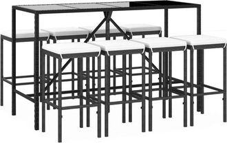 vidaXL Mesa Y Taburetes Altos Jard&iacute;n 9 Piezas Y Cojines Rat&aacute;n Pe Negro Vidaxl