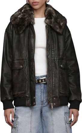 Avec Les Filles Oversize Leather Bomber Jacket with Genuine Shearling Collar in Washed Black at Nordstrom, Size X-Small