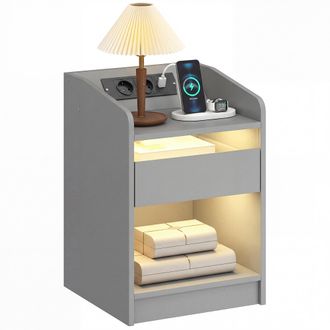 HOMCOM Homcom Mesita De Noche Con Estaci&oacute;n De Carga Y Luz Led Rgb, Mesilla De Noche Dormitorio Con Caj&oacute;n, Estante Abierto, Puertos Usb Y Control Remoto, Gris