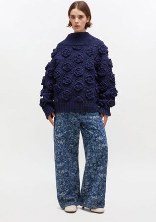 Ganni Navy Dark Blue Flower Crochet Jumper - Size XXS Wool