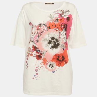 Roberto Cavalli White Floral Printed Cotton Knit T-Shirt