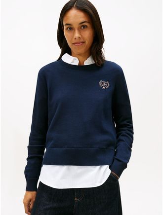 Tommy Hilfiger Womens Layered-Look Crest Logo Sweater - Navy - XXL