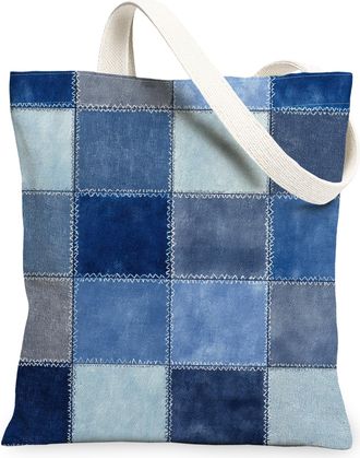 Generic Blue Patchwork Canvas Tote Bags, Lightweight Reusable Grocery Bags, Vintage Denim Pattern Washable Shoulder Strap Tote for, Blue, 13x15 Inch