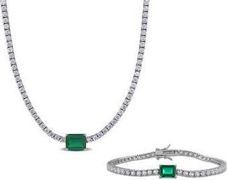 Delmar Lab-Created White Sapphire & Lab-Created Emerald Tennis Necklace & Bracelet Set in Green at Nordstrom Rack