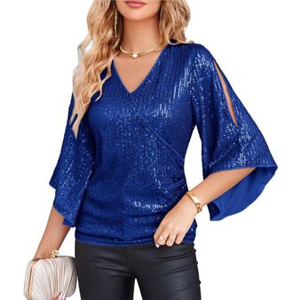 Grace Karin Womens Sequin Tops 3/4 Sleeve V-Neck Wrap Sparkly Glitter Party Tops Royal Blue 3XL