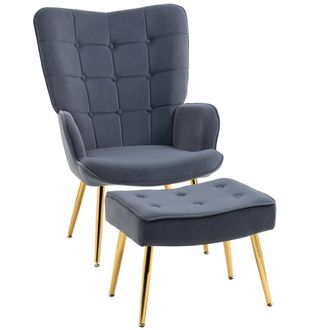 HOMCOM Armchair - Living Room Chair - Velvet Accent Chair with Footstool for Bedroom - Home Study - Dark Grey | TJ Hughes Black