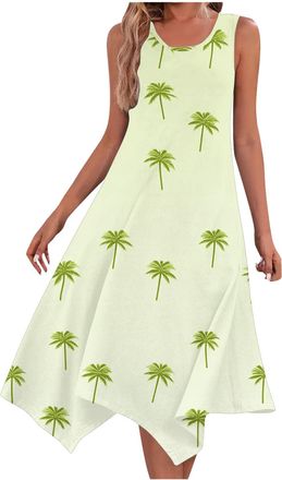 Generic Summer Dresses for Women UK Sale Clearance Womens Crew Neck Sleeveless Midi Dress Irregular Flowy Boho Beach Dress with Pockets Summer Casual Coconut 