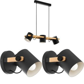 Loops Ceiling Pendant Light & 2x Matching Wall Lights Black & Wood Adjustable Shade
