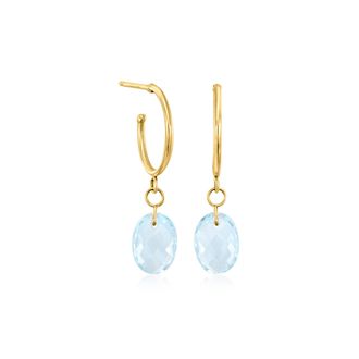 Ross-Simons Sky Blue Topaz Hoop Drop Earrings in 10kt Yellow Gold