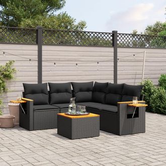 vidaXL Set De Sof&aacute;s De Jard&iacute;n 6 Piezas Y Cojines Rat&aacute;n Sint&eacute;tico Negro Vidaxl
