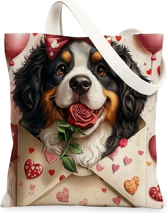 Generic Valentines Day Bernese Mountain Dog Canvas Tote Bag for Shopping 13x15, Love Letter Puppy Reusable Grocery Print Pattern Bag for Women, Lover Beach Ae