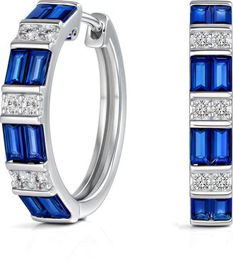 MAX + STONE 925 Sterling Silver Emerald Cut Round Gemstone Hoop Earrings with Cubic Zirconia