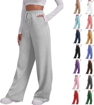 Generic Womens Jogger Pants Solid Color Long Trousers Loose Fit with Elastic Waist and Drawstring Casual Training Bottoms with Side Pockets Straight Leg Style