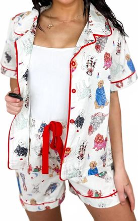 She + Sky Sleepy Pup High-Rise Cotton Pj Set In Ivory