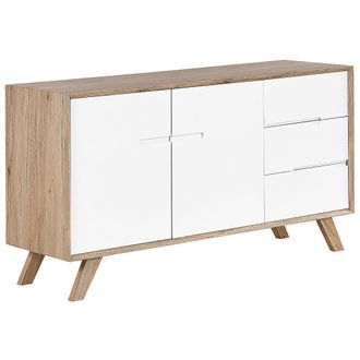 Beliani Aparador Blanco Madera Clara 3 Cajones 2 Armarios Dise&ntilde;o Moderno Escandinavo Forester