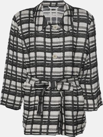 Marina Rinaldi Black/off White Check Print Linen Blend Belted Blazer