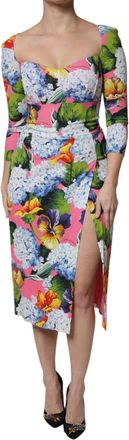 Dolce & Gabbana Womens Multicolor Floral Side Slit Midi Dress Viscose Elastane